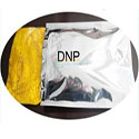 Aluminum packet of dinitrophenol opened to reveal solid yellow substance inside.